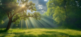 绿色小清新阳光草地树林风景图片